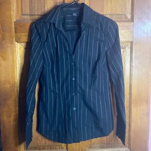 Express Design Studios Black w/ Brown Pin Stripes Long Sleeve V Neck Button Up.
